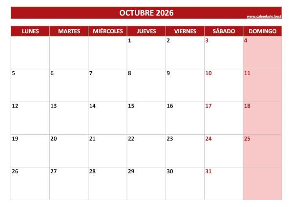 Calendario octubre 2026 para imprimir en blanco, plantilla roja (PDF y JPG)