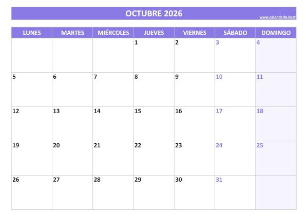 Calendario octubre 2026 para imprimir gratis, diseño violeta elegante (PDF y JPG)