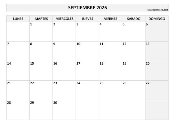 Calendario septiembre 2026 en blanco y negro para imprimir gratis, plantilla básica (PDF y JPG)