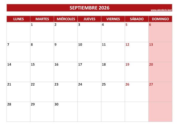 Calendario septiembre 2026 para imprimir en blanco, plantilla roja (PDF y JPG)