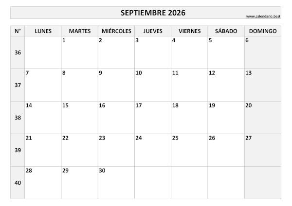 Calendario septiembre 2026 con números de semana para imprimir gratis, plantilla en blanco y negro (PDF y JPG)