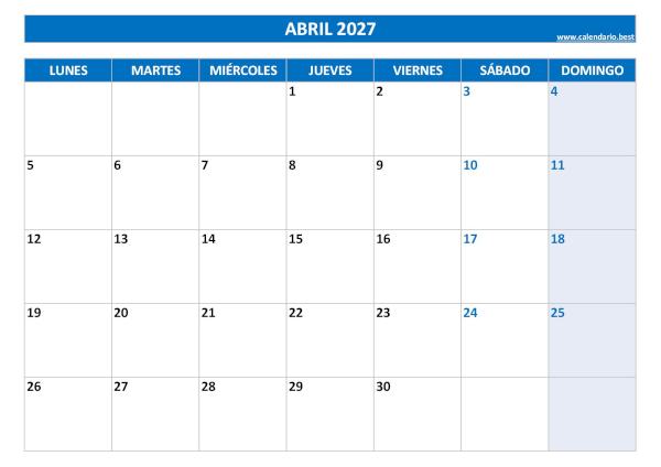 Calendario de abril 2027 azul para imprimir