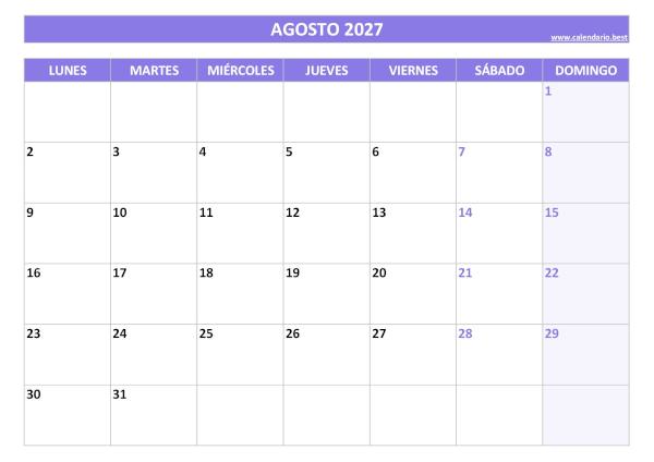 Calendario agosto 2027 para imprimir gratis, diseño violeta elegante (PDF y JPG)