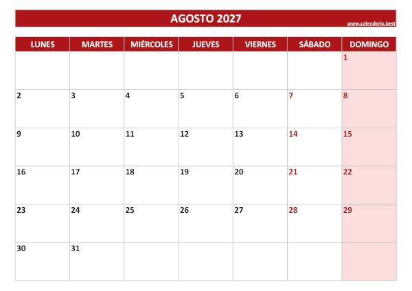 Calendario de agosto 2027 rojo para imprimir