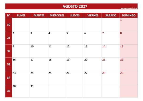 Calendario agosto 2027 con números de semana para imprimir gratis, plantilla roja (PDF y JPG)