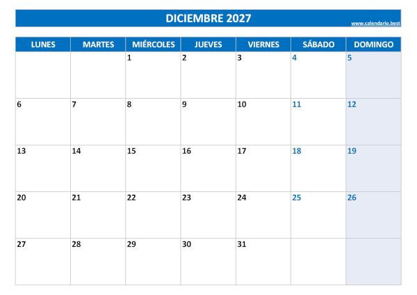 Calendario de diciembre de 2027 en blanco para imprimir