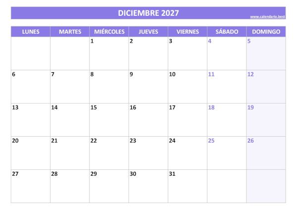 Calendario de diciembre 2027 morado para imprimir