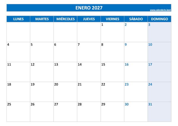 Calendario de enero de 2027 en blanco para imprimir