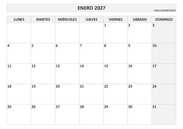 Calendario de enero de 2027 para imprimir