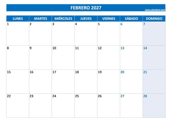Calendario de febrero de 2027 en blanco para imprimir