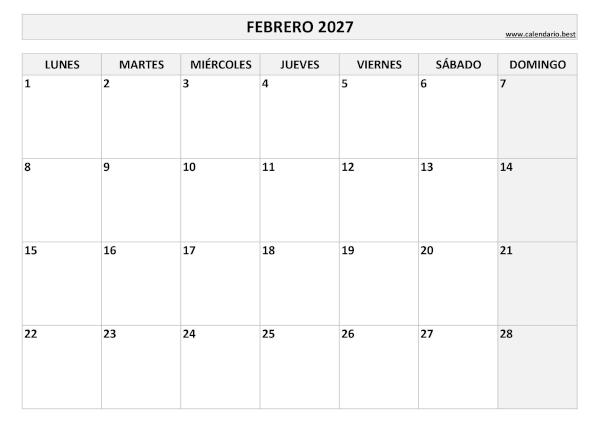 Calendario de febrero 2027 en blanco y negro para imprimir