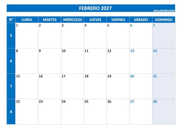 Calendario febrero 2027 con números de semana para imprimir gratis, plantilla azul (PDF y JPG)