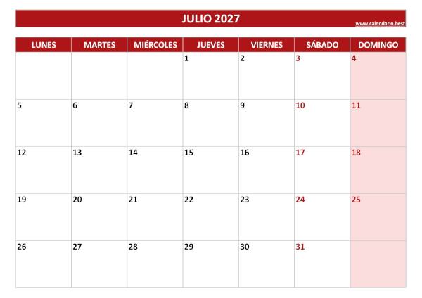 Calendario de julio 2027 rojo para imprimir