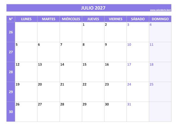 Calendario julio 2027 con números de semana para imprimir gratis, plantilla morada (PDF y JPG)