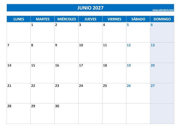 Calendario de junio 2027 azul para imprimir