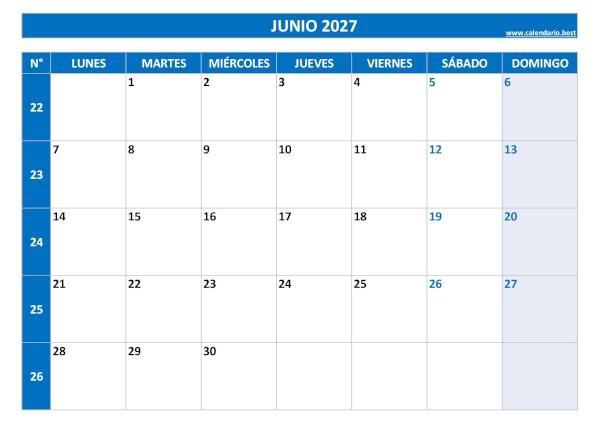 Calendario junio 2027 con números de semana para imprimir gratis, plantilla azul (PDF y JPG)