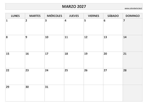 Calendario de marzo 2027 en blanco y negro para imprimir