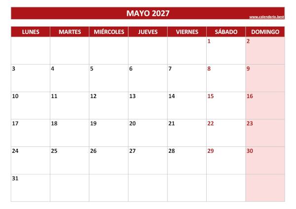 Calendario mayo 2027 para imprimir en blanco, plantilla roja (PDF y JPG)
