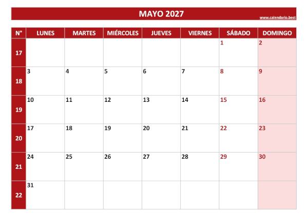 Calendario mayo 2027 con números de semana para imprimir gratis, plantilla roja (PDF y JPG)