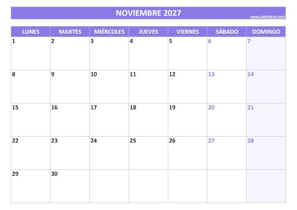 Calendario de noviembre 2027 morado para imprimir