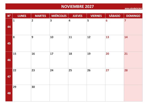 Calendario noviembre 2027 con números de semana para imprimir gratis, plantilla roja (PDF y JPG)