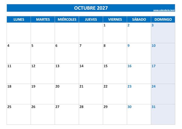 Calendario octubre 2027 para imprimir (PDF y JPG)