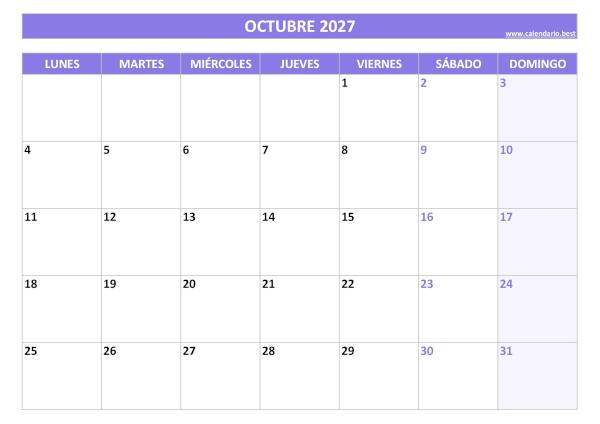 Calendario de octubre 2027 morado para imprimir