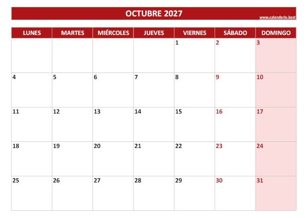 Calendario octubre 2027 para imprimir en blanco, plantilla roja (PDF y JPG)