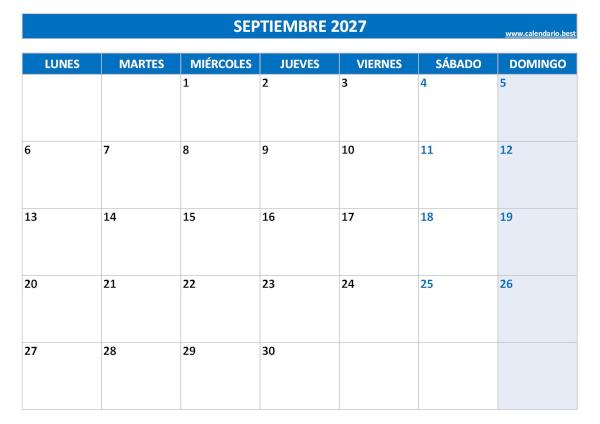 Calendario de septiembre de 2027 en blanco para imprimir