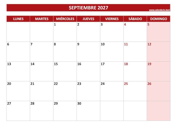 Calendario de septiembre 2027 rojo para imprimir