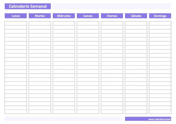Calendario semanal en blanco PDF para imprimir (plantilla con líneas) - Versión Morado
