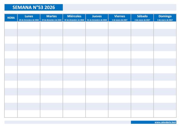 Calendario semanal para imprimir: semana 53 de 2026