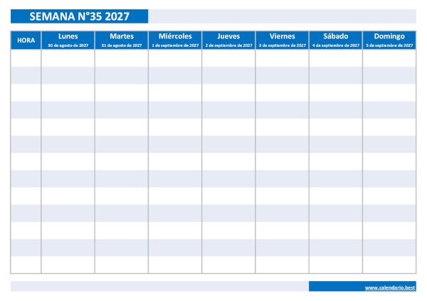 Calendario semanal agosto 2027 para imprimir: semana 35 de 2027
