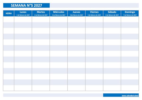 Calendario semanal febrero 2027 para imprimir: semana 5 de 2027