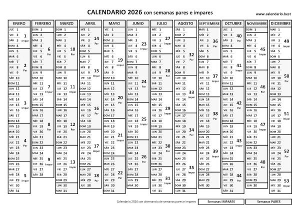 Calendario 2026 con semanas pares e impares en blanco y negro, plantilla básica (PDF y JPG)