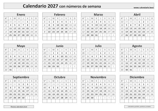 Calendario semana 2027 para imprimir con números - Diseño Blanco y Negro