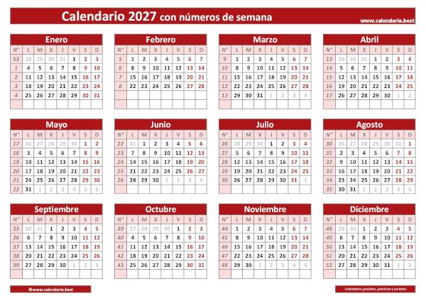 Calendario 2027 con números de semana ISO para imprimir, diseño rojo