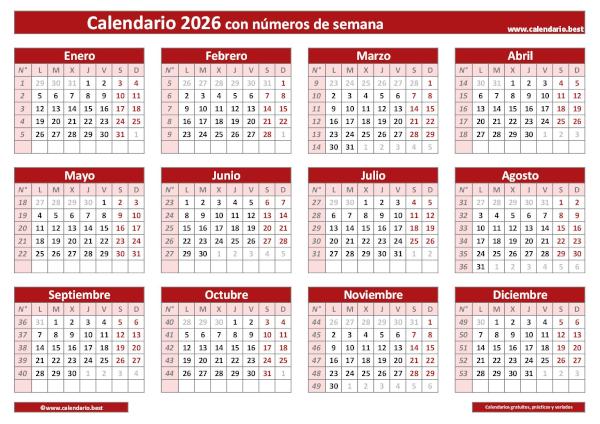 Calendario semana 2026 para imprimir con números - Diseño rojo