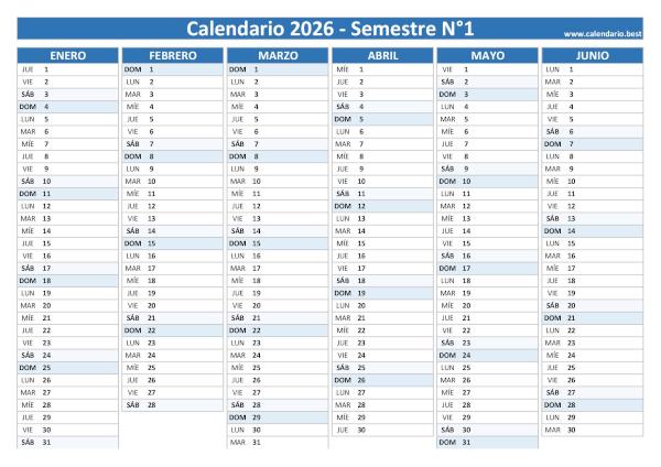 Calendario del primer semestre de 2026 en blanco, diseño azul para imprimir en A4