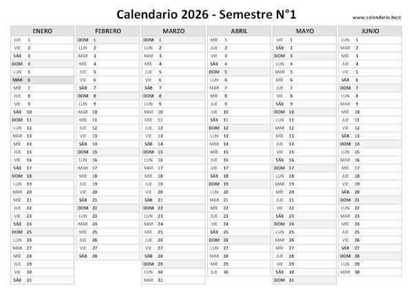 Calendario del primer semestre de 2026 en blanco para imprimir