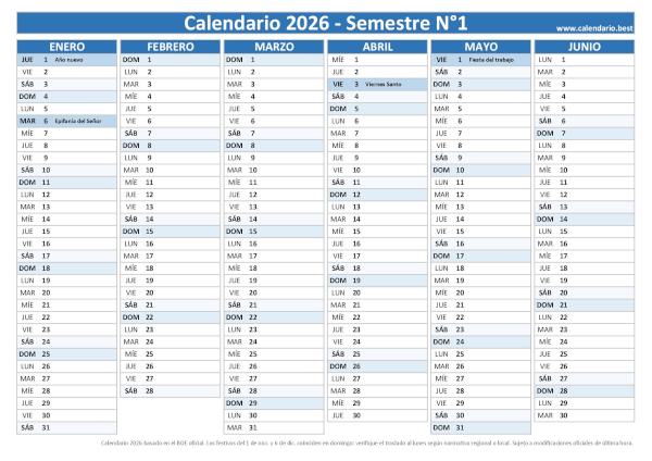 Calendario laboral del primer semestre de 2026, diseño azul para empresas