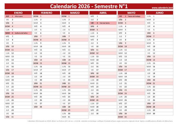 Calendario laboral del primer semestre de 2026, diseño rojo con días festivos