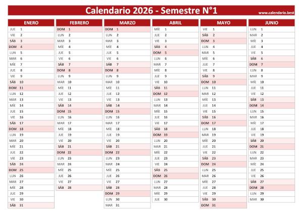 Calendario del primer semestre de 2026 en blanco, diseño rojo para imprimir en A4