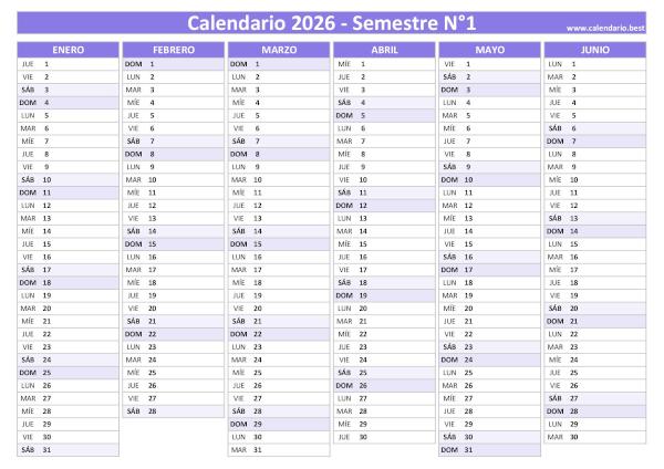 Calendario del primer semestre de 2026 en blanco, diseño morado para imprimir en A4