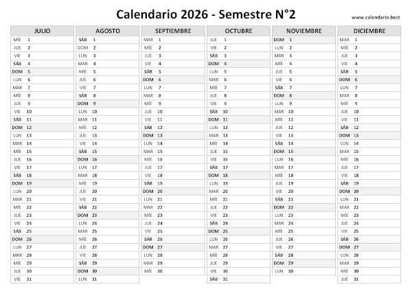 Calendario del segundo semestre de 2026 en blanco, diseño en blanco y negro para imprimir en A4