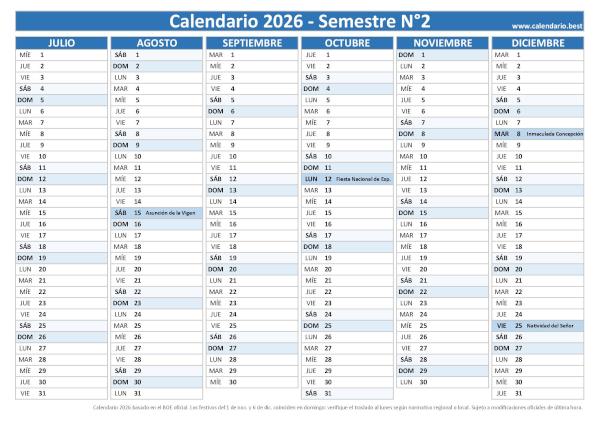 Calendario laboral del segundo semestre de 2026, diseño azul con festivos