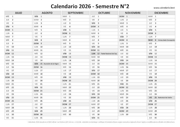 Calendario laboral del segundo semestre de 2026, diseño en blanco y negro con festivos