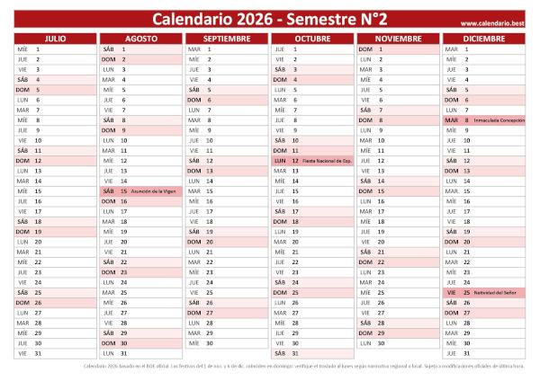 Calendario laboral del segundo semestre de 2026, diseño rojo con festivos