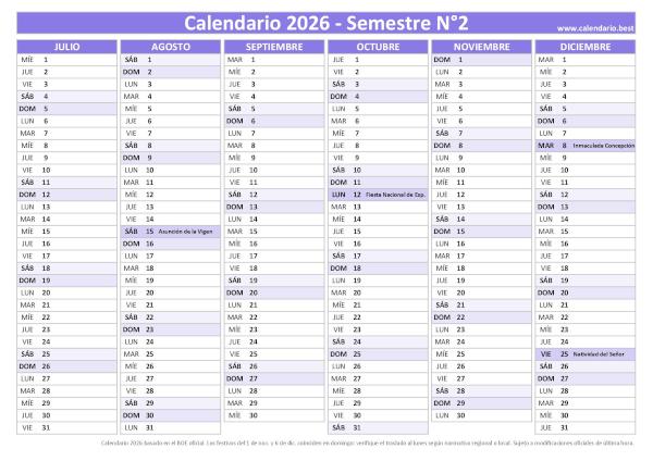 Calendario laboral del segundo semestre de 2026, diseño morado con festivos