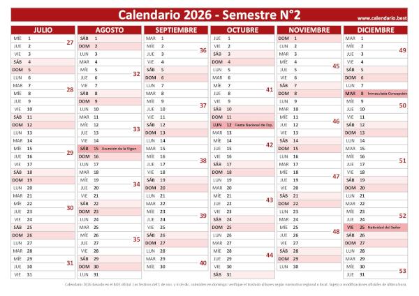 Calendario del segundo semestre de 2026 con semanas, diseño rojo
